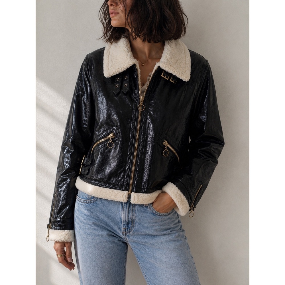 Jonathan Simkhai Black‎ Faux Leather Shearling Aviator Bomber Jacket XS